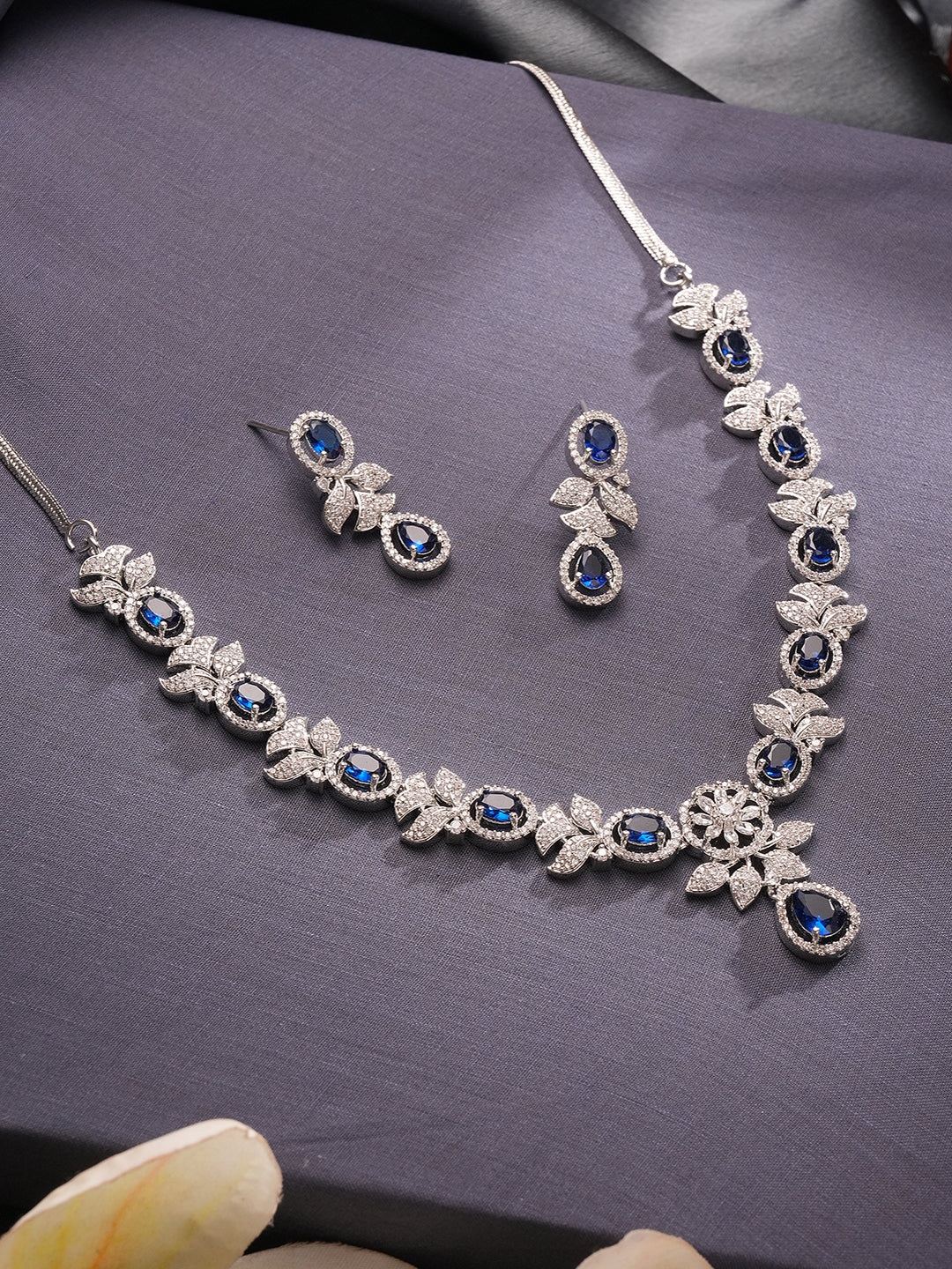 Silver Toned Sapphire Blue AD Studded Floral Delicate Statement Jewellery Set