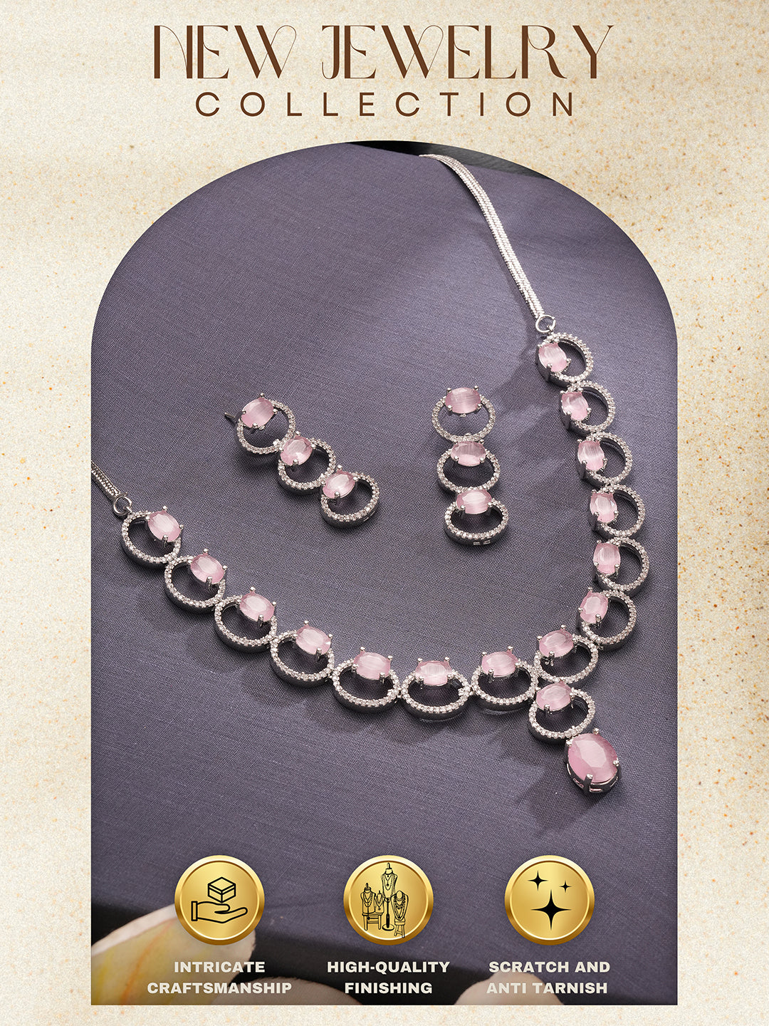 Silver Toned Pink AD Zircon Studded Minimal Designer Necklace Jewellery Set