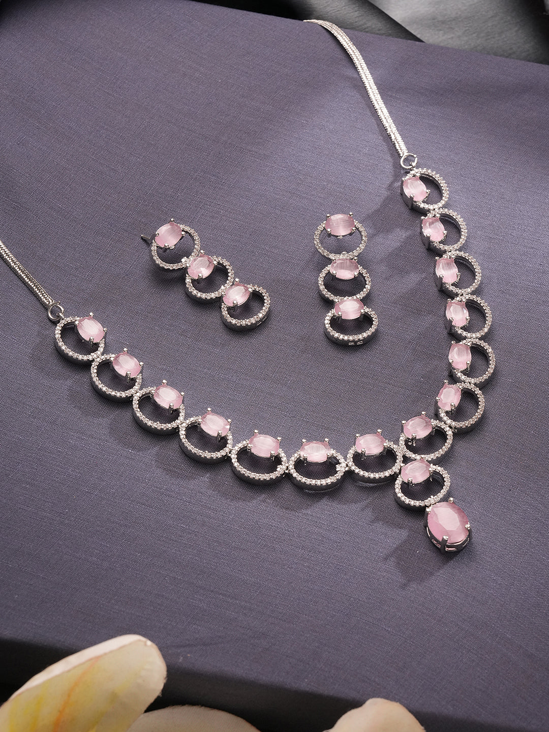 Silver Toned Pink AD Zircon Studded Minimal Designer Necklace Jewellery Set