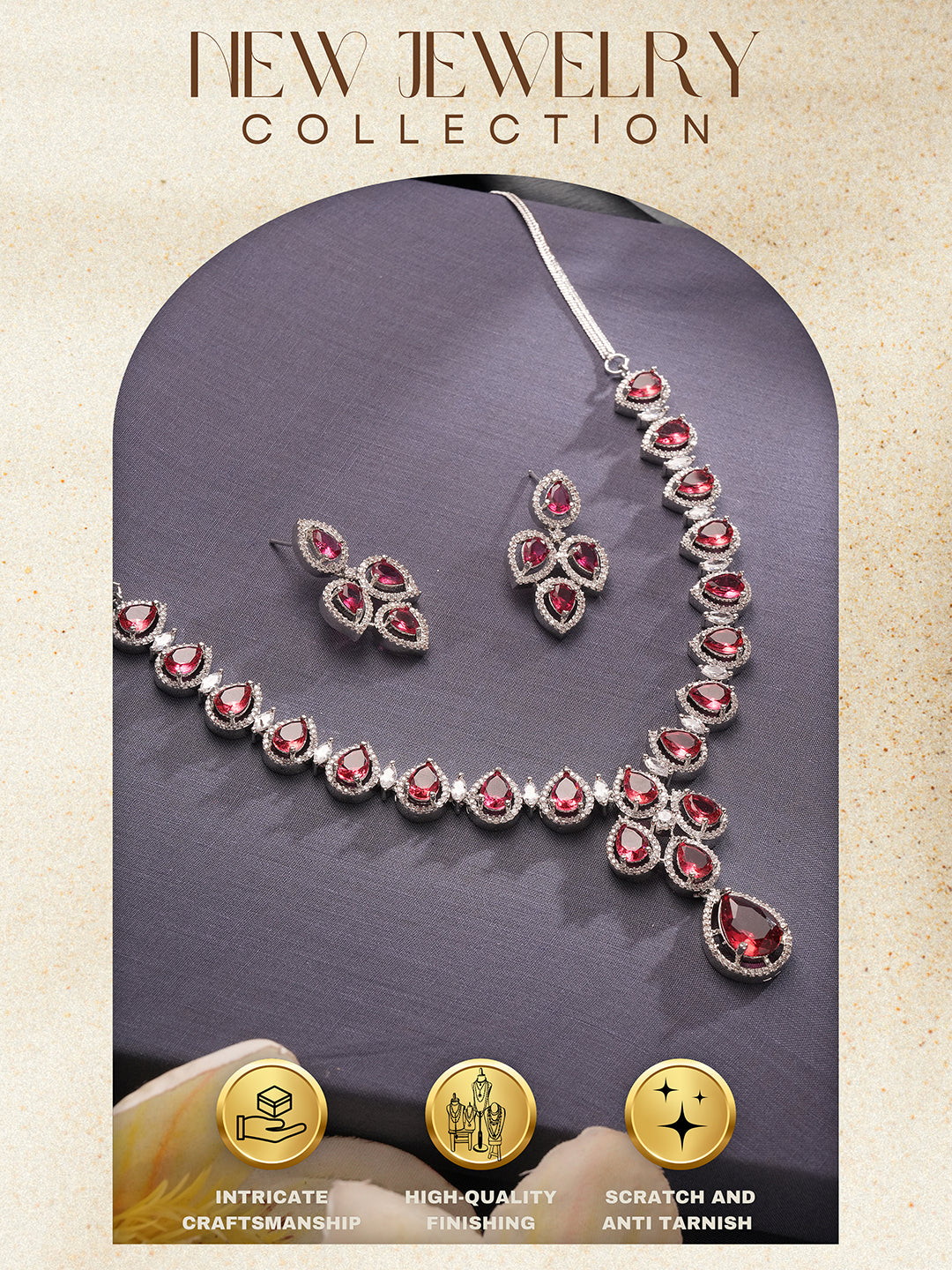 Silver Toned Ruby Red AD Studded Statement Delicate Necklace Jewellery Set