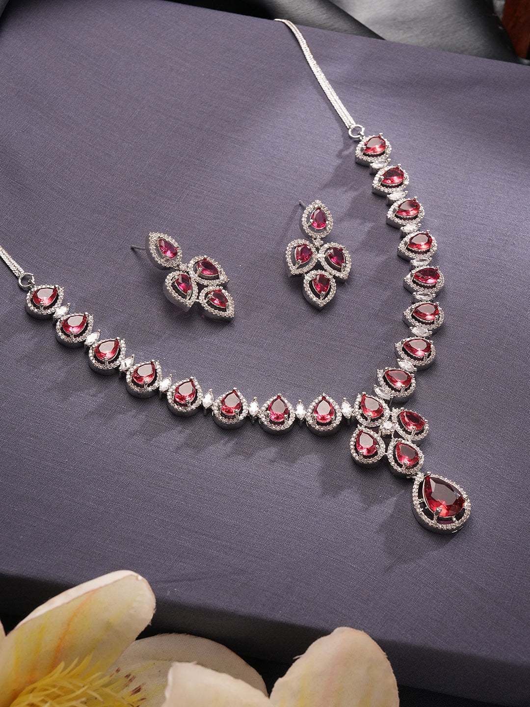 Silver Toned Ruby Red AD Studded Statement Delicate Necklace Jewellery Set
