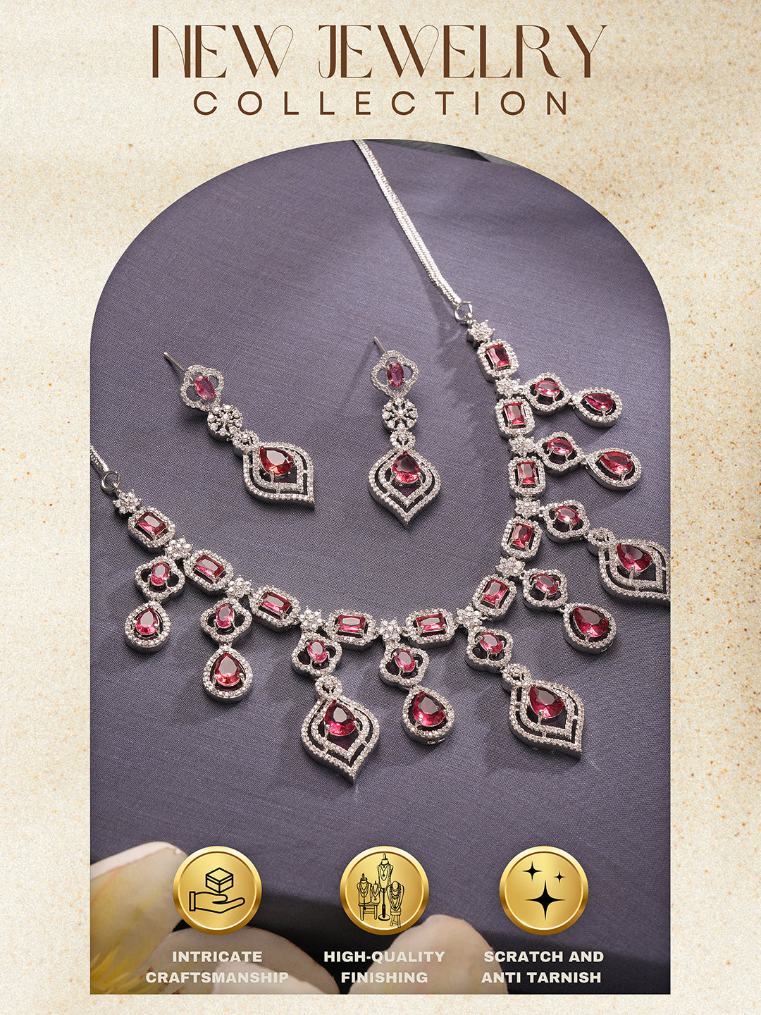 Silver Toned Ruby Red AD Studded Statement Bridal Layered Necklace Jewellery Set