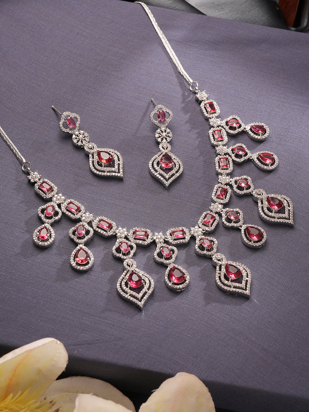 Silver Toned Ruby Red AD Studded Statement Bridal Layered Necklace Jewellery Set