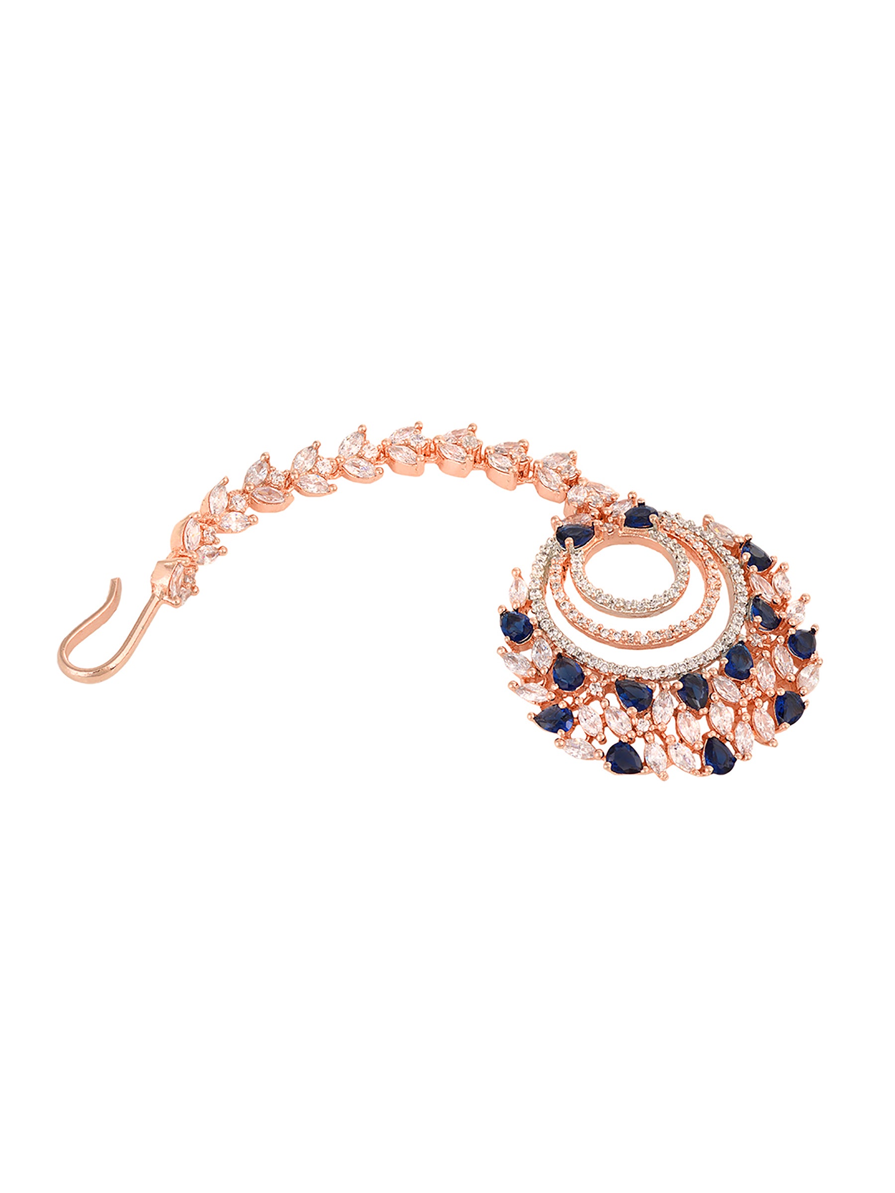 Rose Gold plated Blue AD studded Circular design Handcrafted Maang Tika
