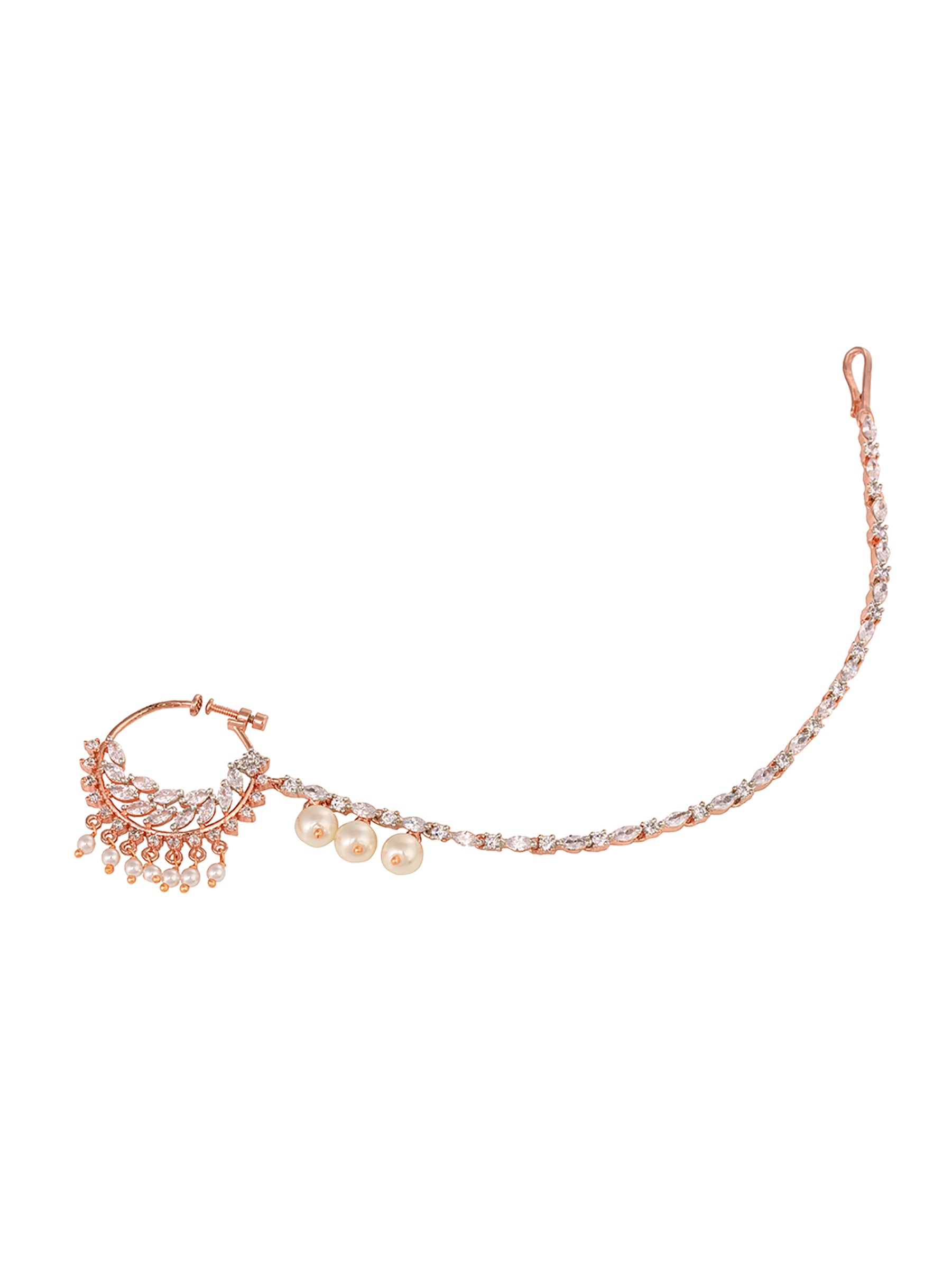 Rose Gold plated AD & Pearl studded Handcrafted Nose Ring