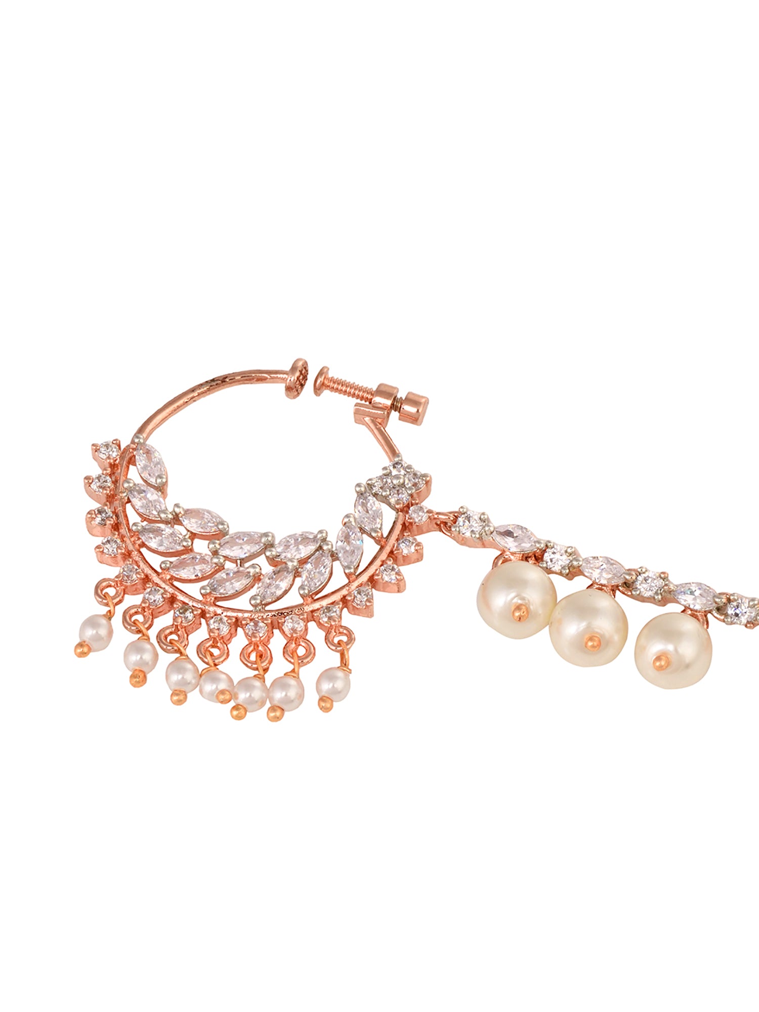 Rose Gold plated AD & Pearl studded Handcrafted Nose Ring