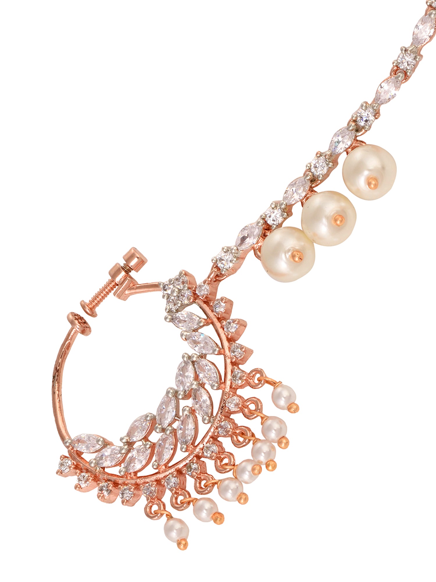 Rose Gold plated AD & Pearl studded Handcrafted Nose Ring