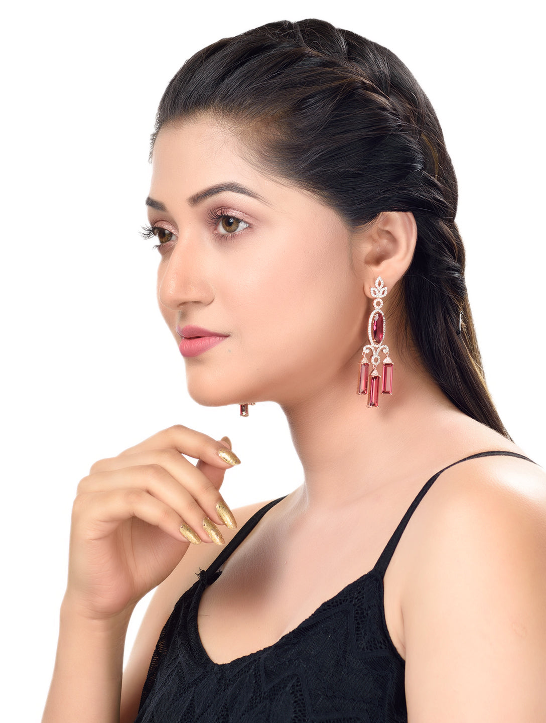 Rose Gold plated Ruby AD studded Drop Earrings