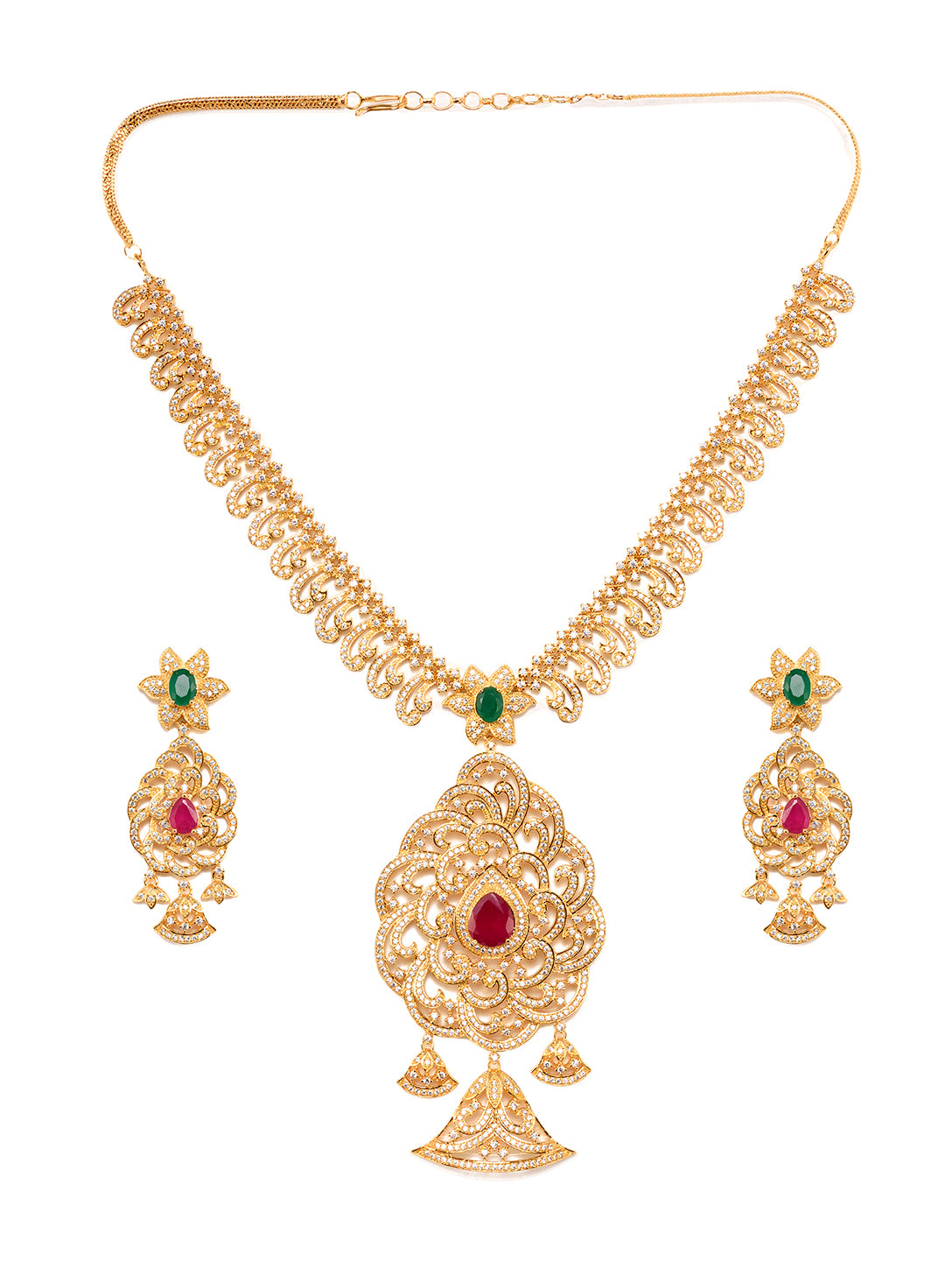 Gold Plated Multi Stone Studded Pendant Style Neclace and Earring Set