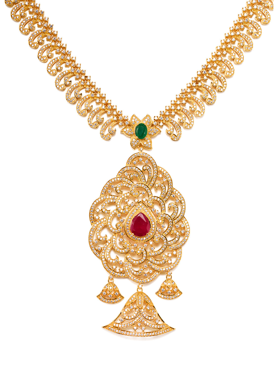 Gold Plated Multi Stone Studded Pendant Style Neclace and Earring Set