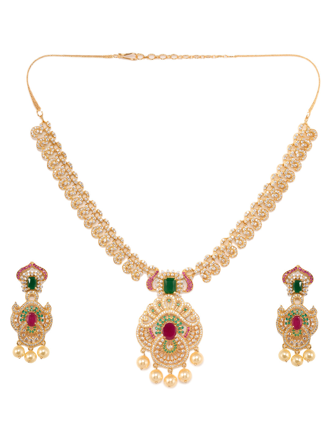 Gold Plated Multi AD & Pearl studded Intricate Design Pendant Necklace and Earrings Set