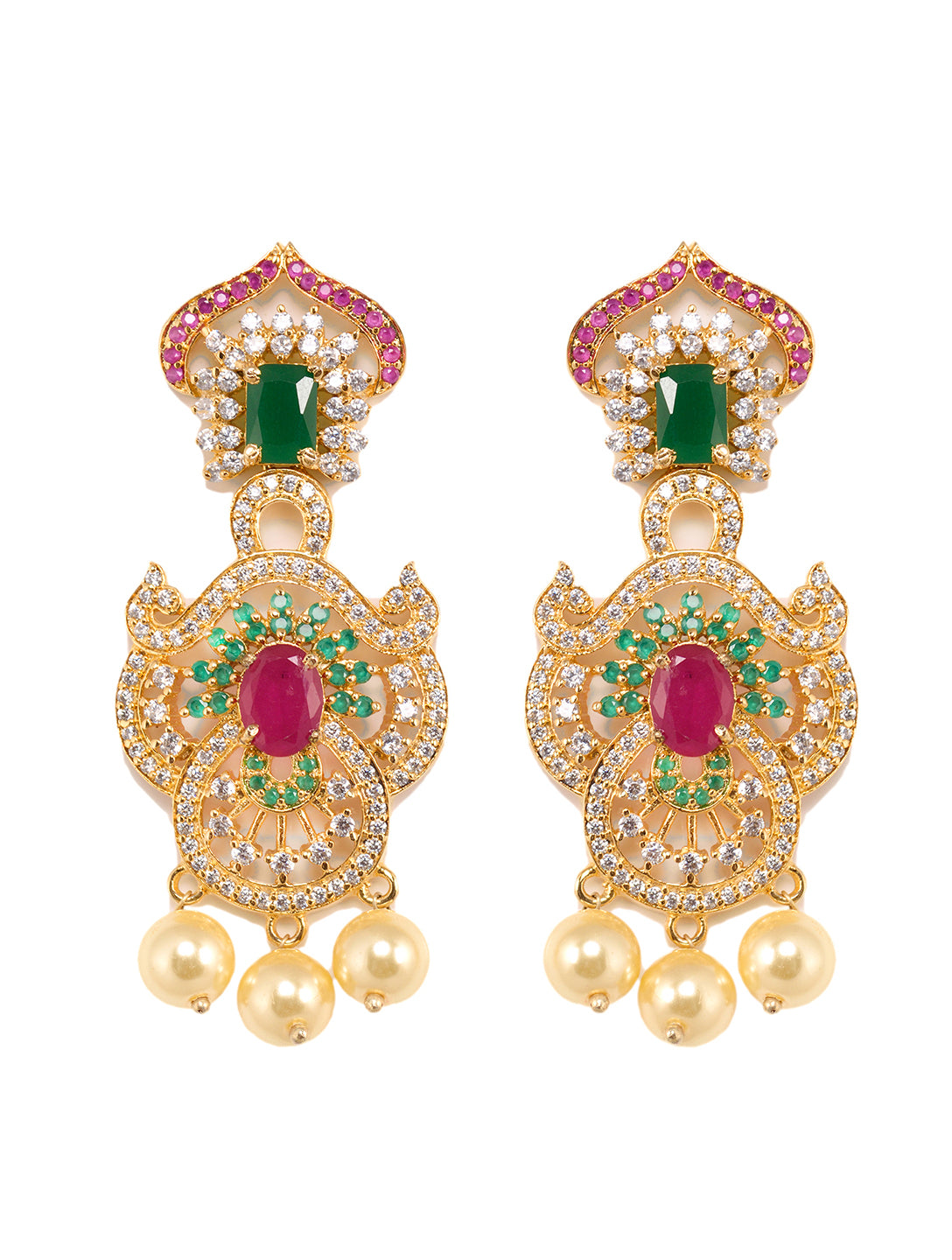 Gold Plated Multi AD & Pearl studded Intricate Design Pendant Necklace and Earrings Set