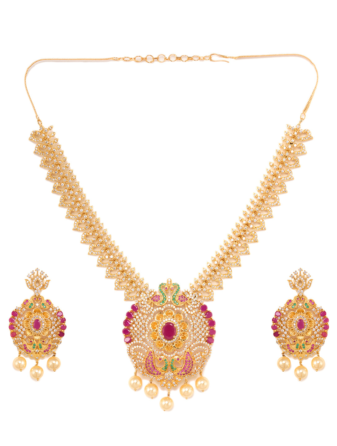 Gold Plated Multi AD & Pearl Studded Hand Crafted Peacock Motif Pendant Necklace Earrings Set