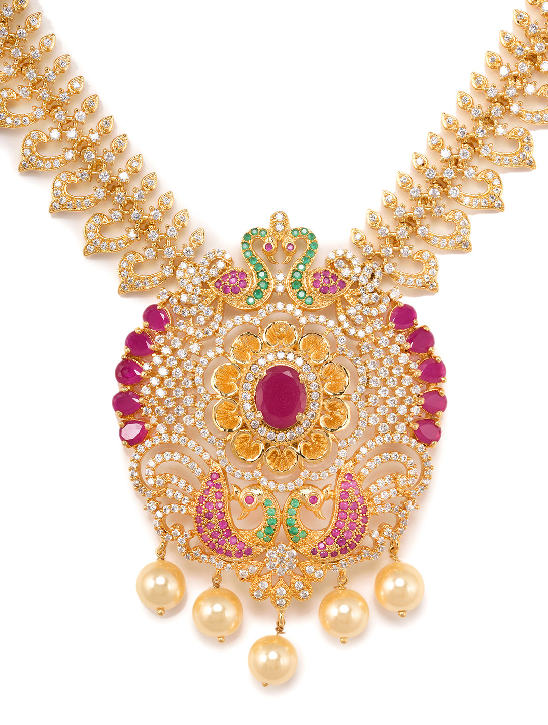 Gold Plated Multi AD & Pearl Studded Hand Crafted Peacock Motif Pendant Necklace Earrings Set