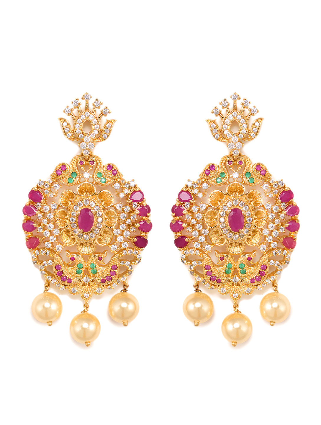 Gold Plated Multi AD & Pearl Studded Hand Crafted Peacock Motif Pendant Necklace Earrings Set