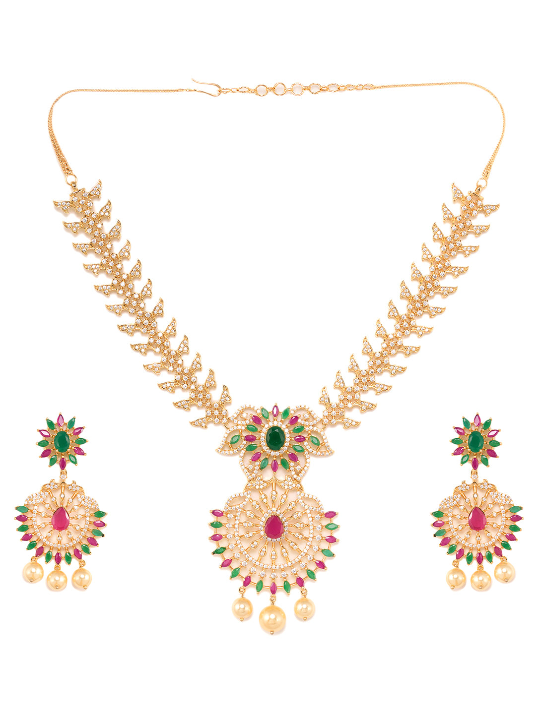 Gold Plated Multi AD & Pearl Studded Chandbali Pendant Neclace Earrings Set
