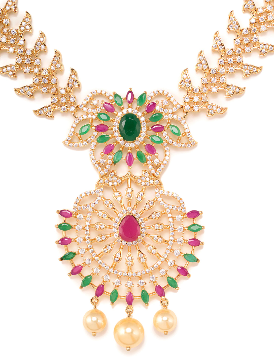 Gold Plated Multi AD & Pearl Studded Chandbali Pendant Neclace Earrings Set