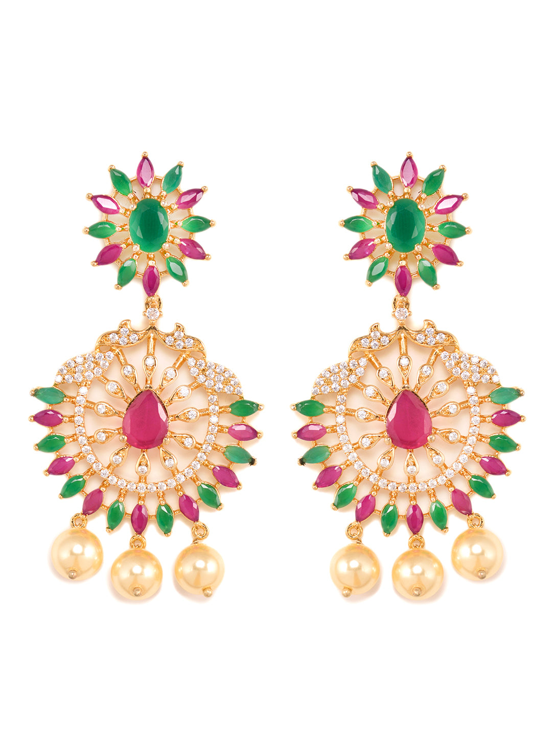 Gold Plated Multi AD & Pearl Studded Chandbali Pendant Neclace Earrings Set