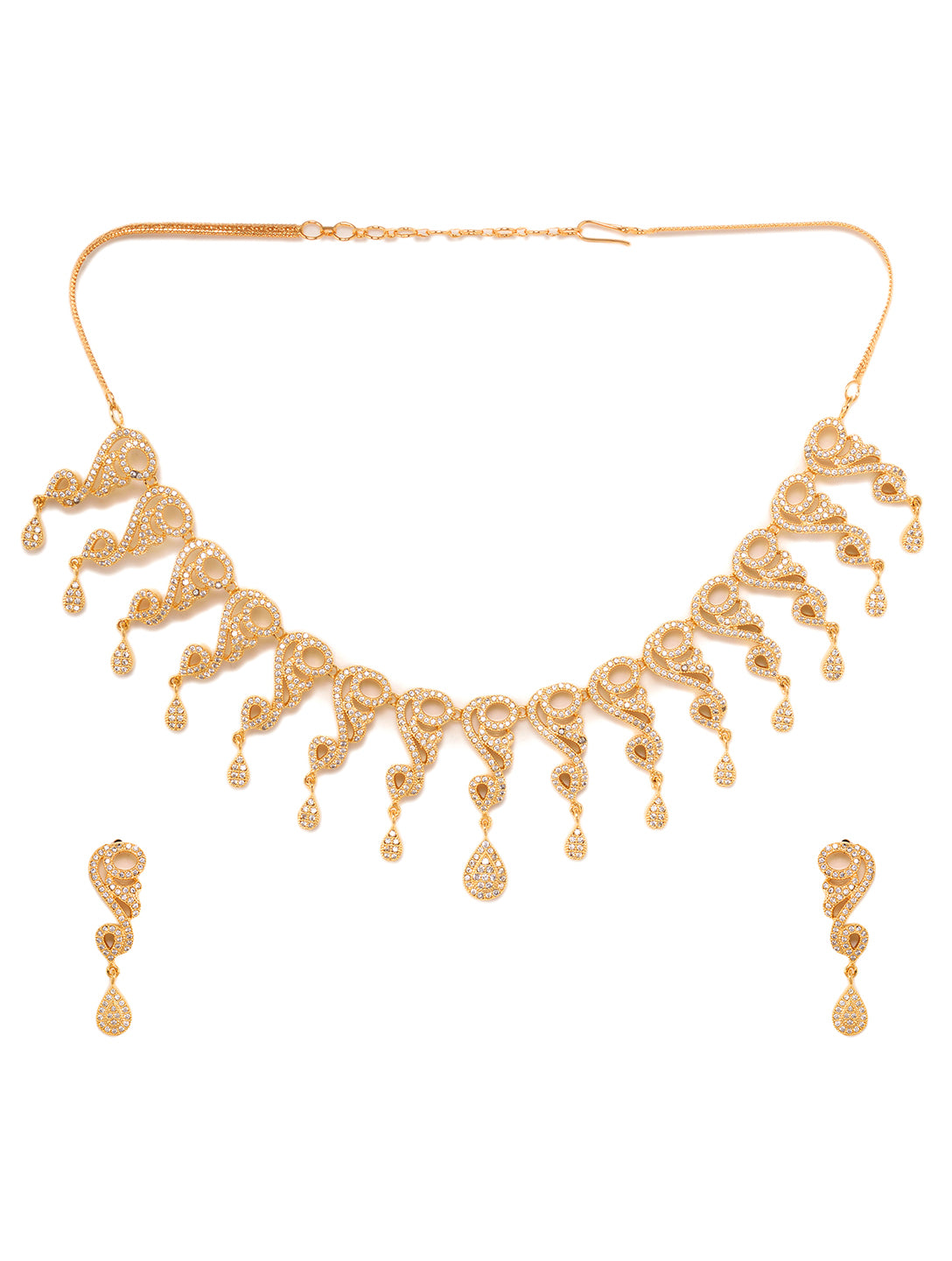 Gold Plated white AD Studded Stylish Choker Necklace dropdown Earrings Set