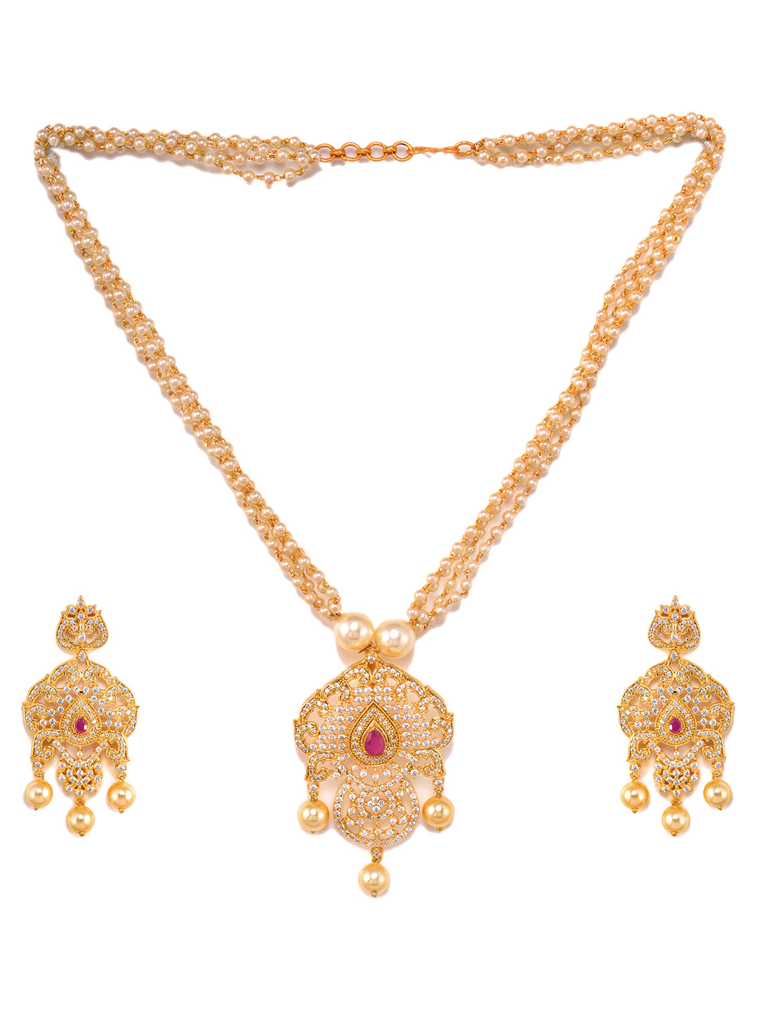 Gold Plated Red AD and Pearl Studded Traditional PendantNecklace White Pearl Mala and Earrings