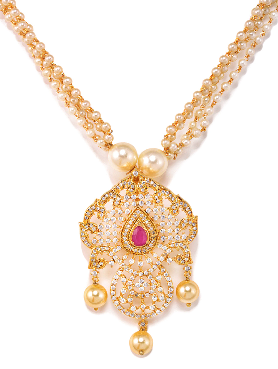Gold Plated Red AD and Pearl Studded Traditional PendantNecklace White Pearl Mala and Earrings