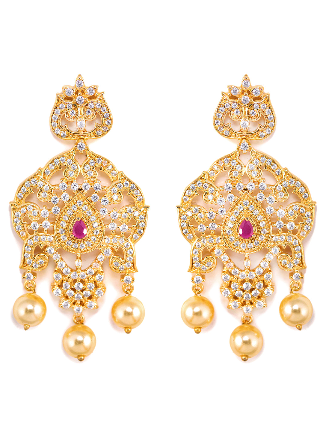 Gold Plated Red AD and Pearl Studded Traditional PendantNecklace White Pearl Mala and Earrings