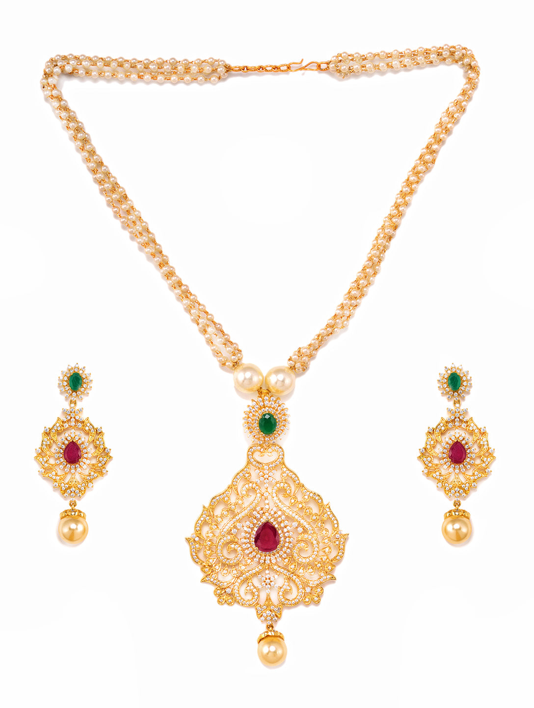 Gold Plated Multi AD & Pearl Studded Hand Crafted Traditional Pendant Necklace Earrings Set