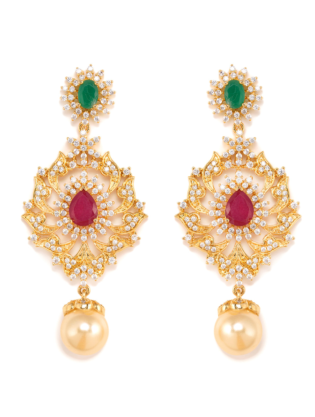 Gold Plated Multi AD & Pearl Studded Hand Crafted Traditional Pendant Necklace Earrings Set