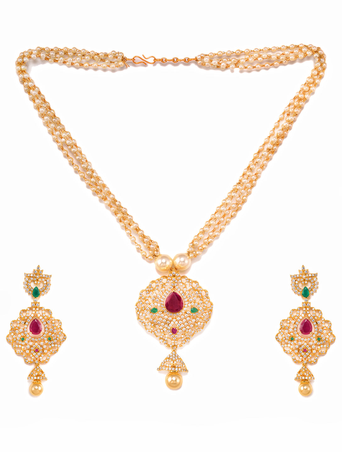 Gold Plated AD and Pearl Studded Traditional Pendant White Pearl Mala and Earrings