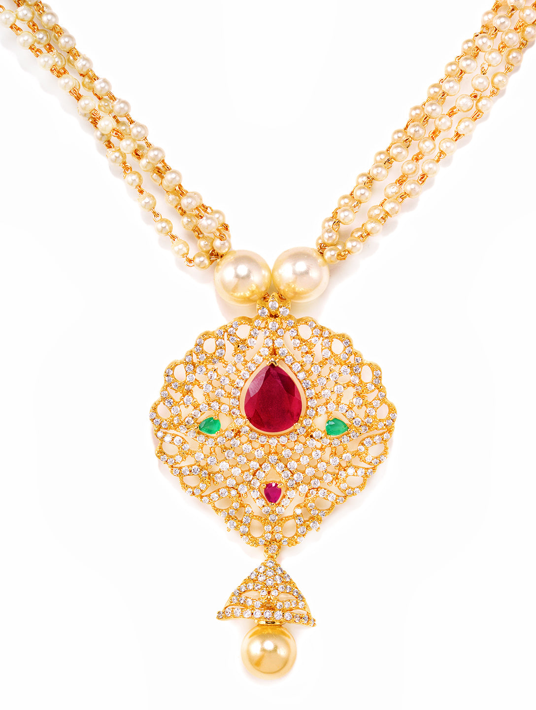 Gold Plated AD and Pearl Studded Traditional Pendant White Pearl Mala and Earrings