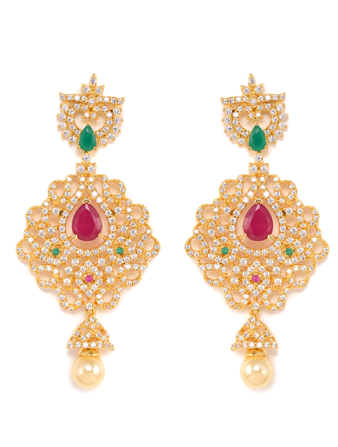 Gold Plated AD and Pearl Studded Traditional Pendant White Pearl Mala and Earrings