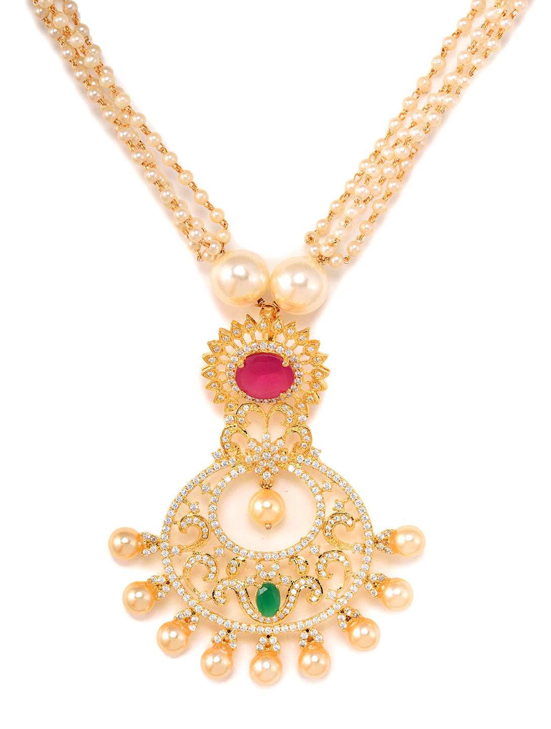 Gold Plated Multi AD and Pearl Studded Chandbali Pendant Necklace and Earrings Set