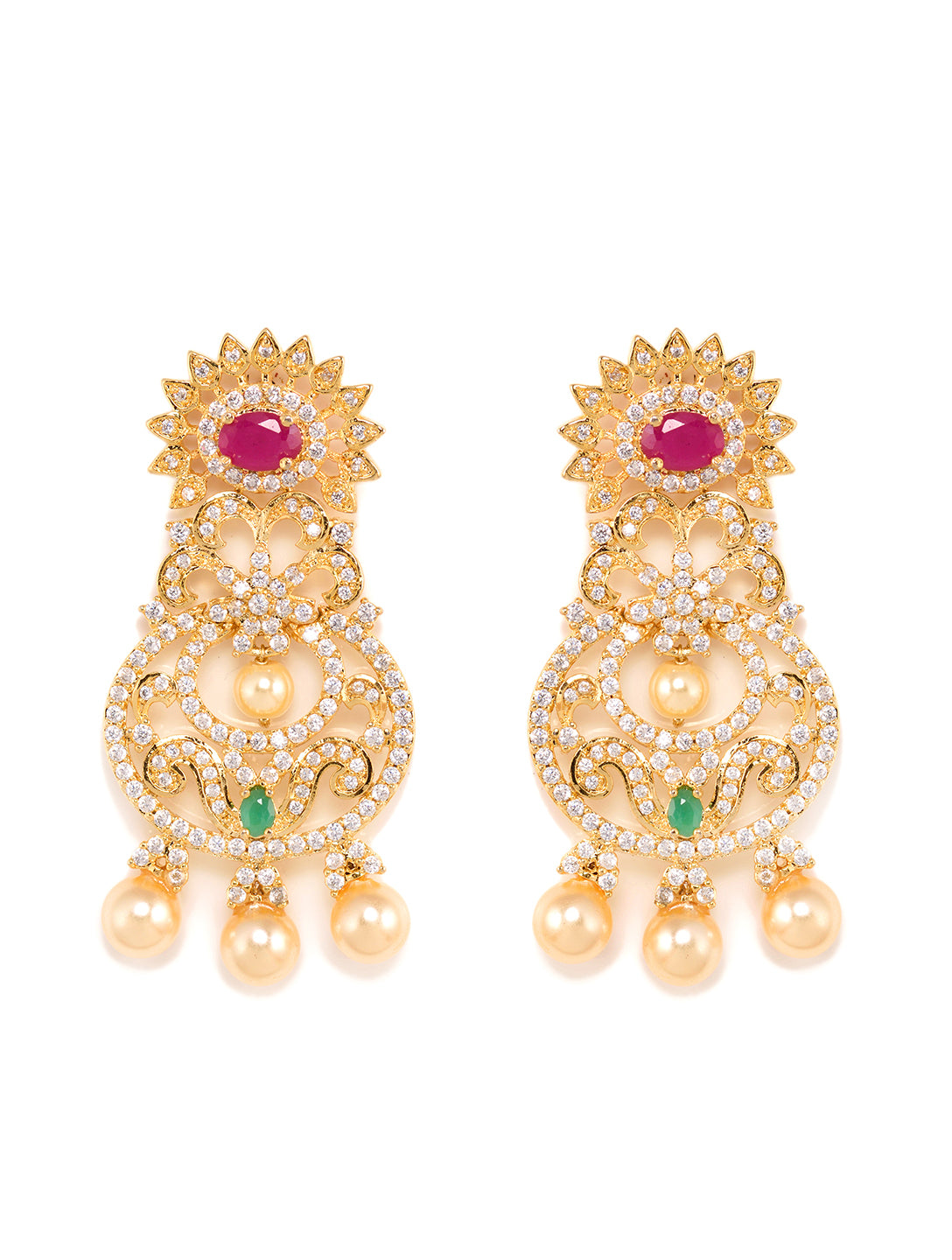 Gold Plated Multi AD and Pearl Studded Chandbali Pendant Necklace and Earrings Set