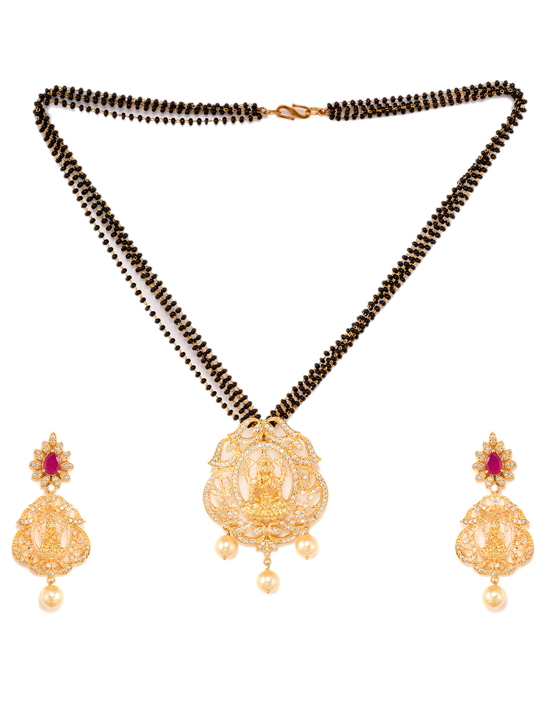 Gold Plated AD Studded Antique Temple Pendant Black Beads mala and Earrings Set