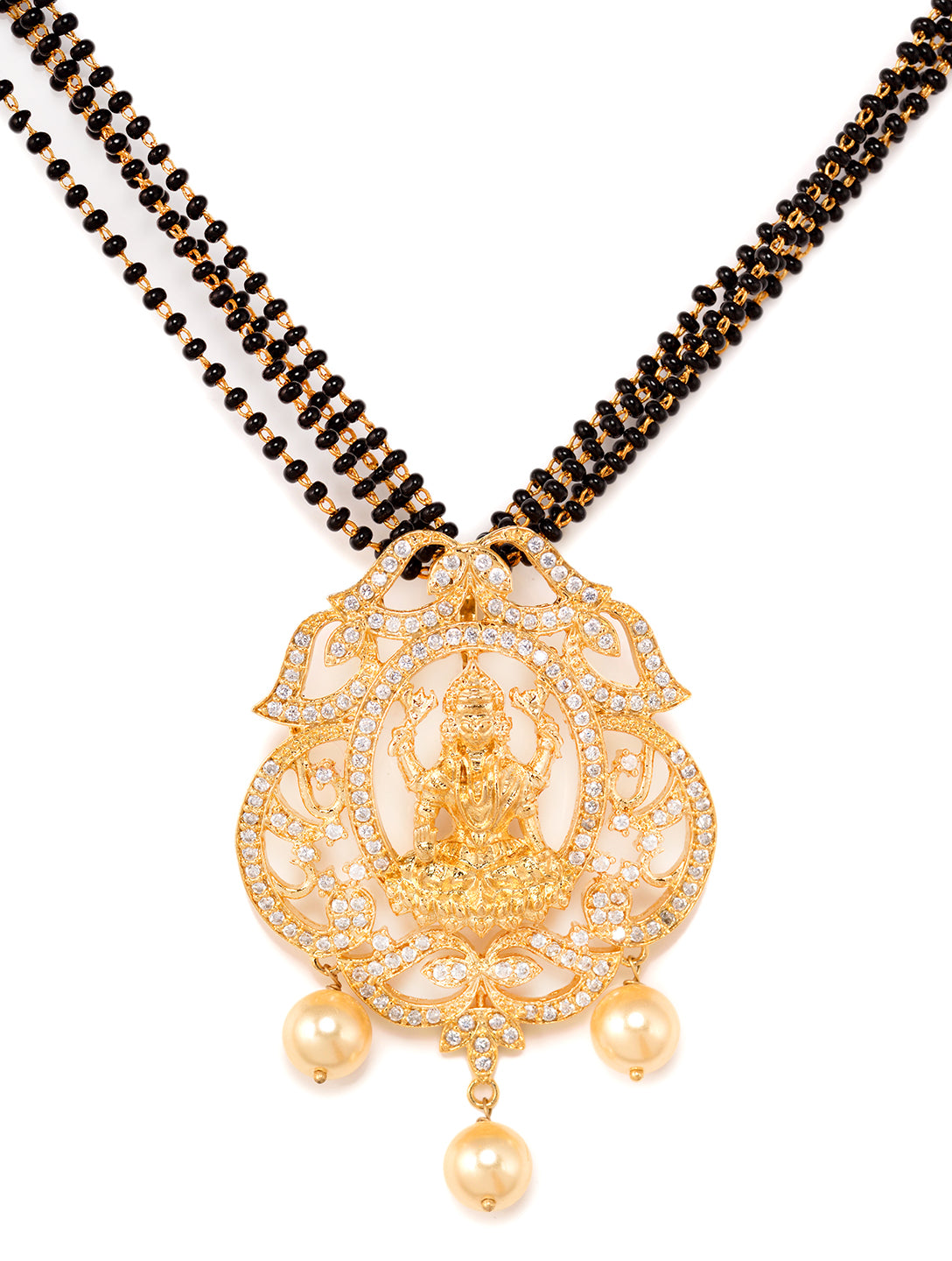 Gold Plated AD Studded Antique Temple Pendant Black Beads mala and Earrings Set
