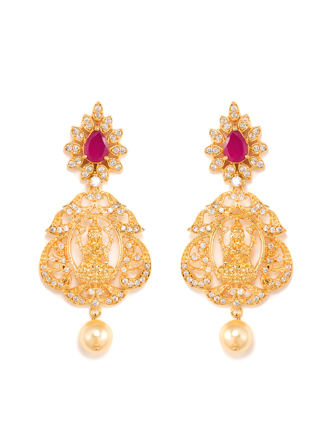 Gold Plated AD Studded Antique Temple Pendant Black Beads mala and Earrings Set