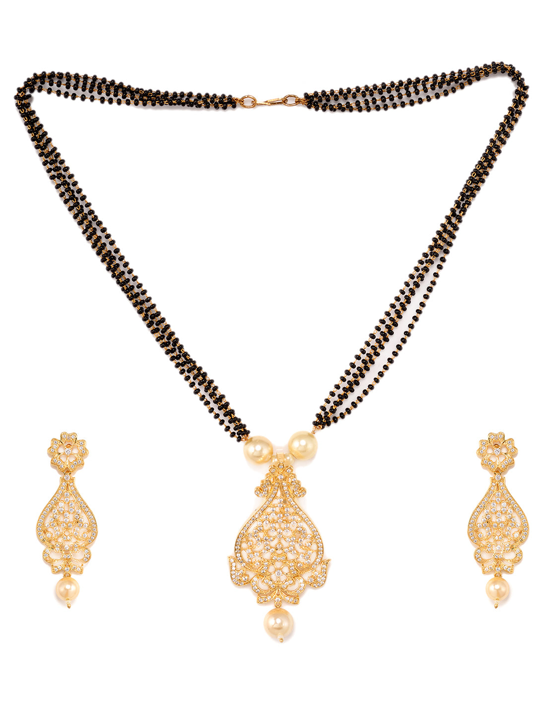 Gold Plated White AD and Pearl studded Antique Pendant Necklace Black Beads Pearl Mala and Earrings