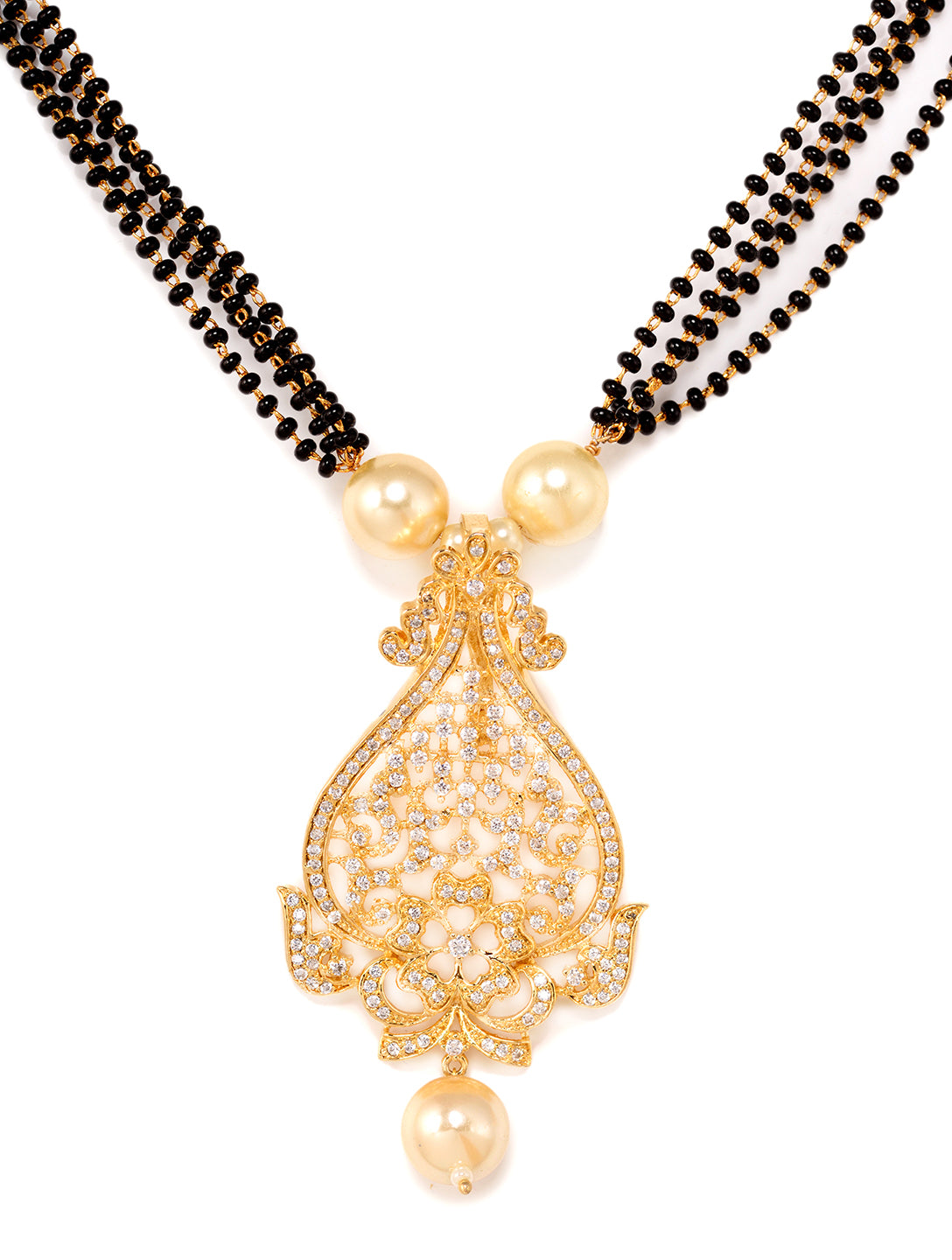 Gold Plated White AD and Pearl studded Antique Pendant Necklace Black Beads Pearl Mala and Earrings