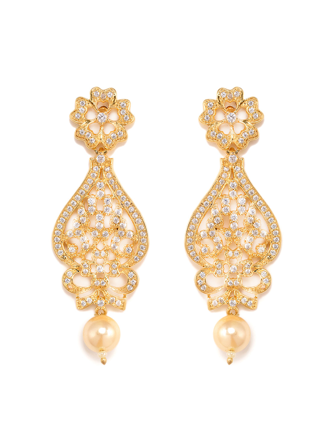 Gold Plated White AD and Pearl studded Antique Pendant Necklace Black Beads Pearl Mala and Earrings