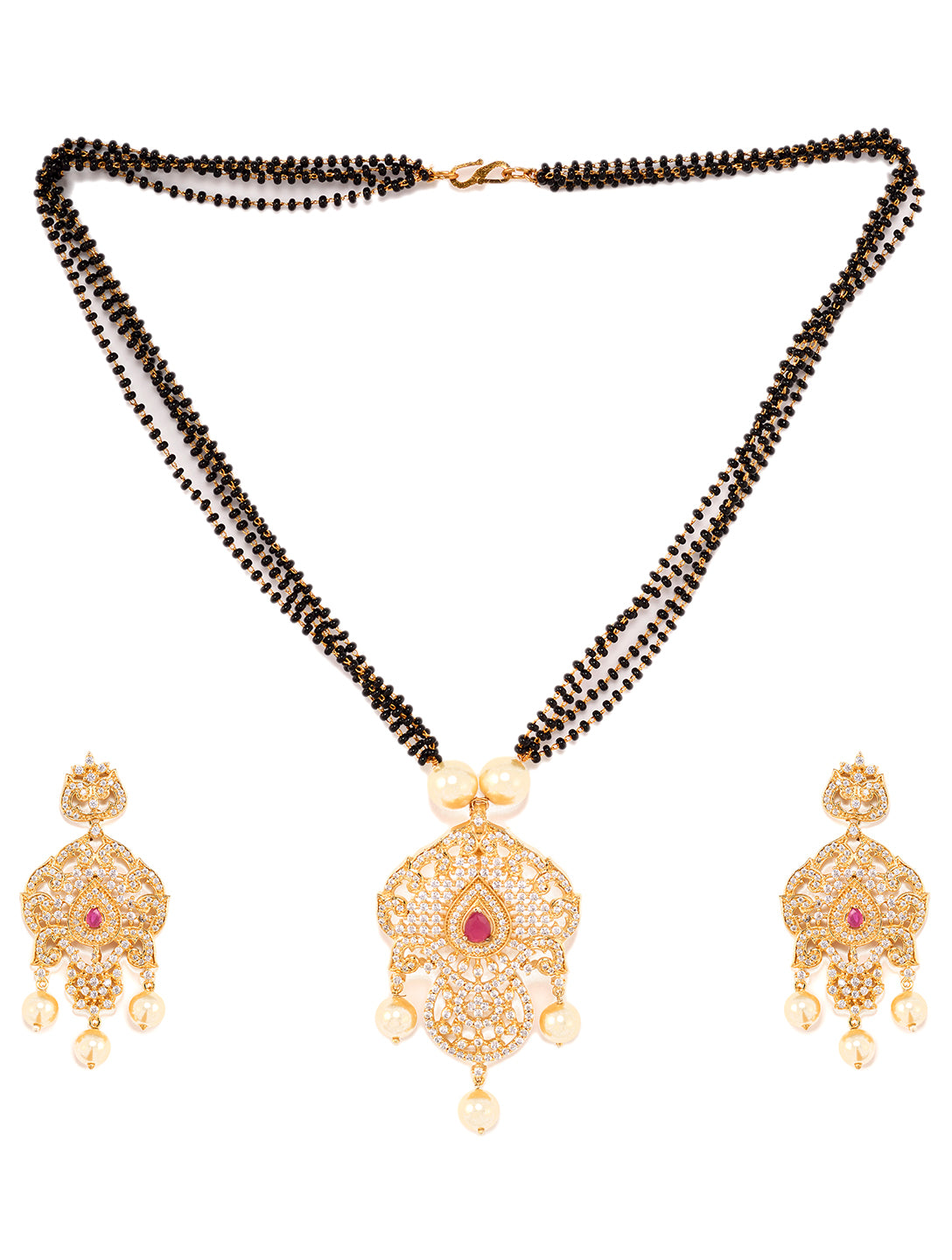 Gold Plated Red AD Studded Traditional Intricate Pendant Necklace Black beads Mala and Earrings