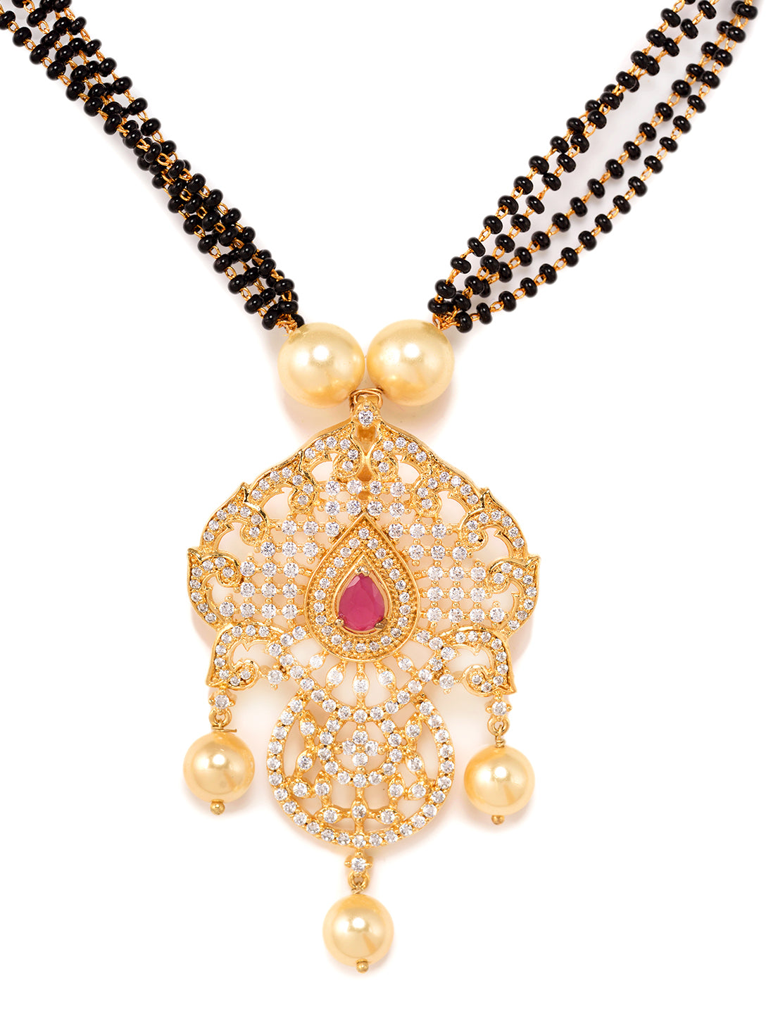 Gold Plated Red AD Studded Traditional Intricate Pendant Necklace Black beads Mala and Earrings