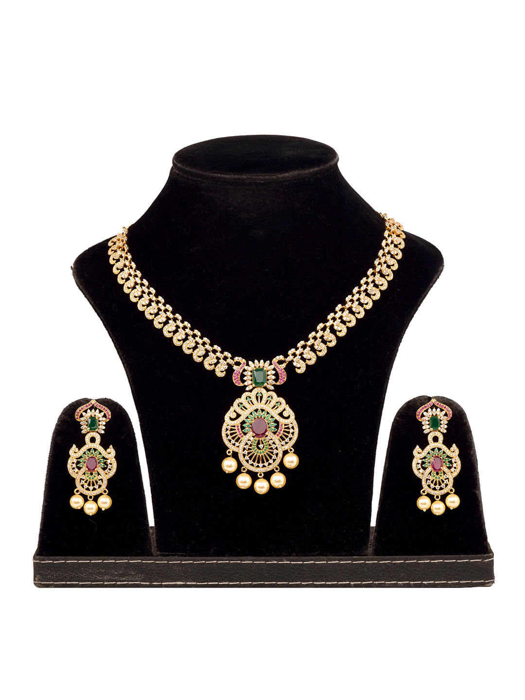 Gold Plated Multi AD & Pearl studded Intricate Design Pendant Necklace and Earrings Set