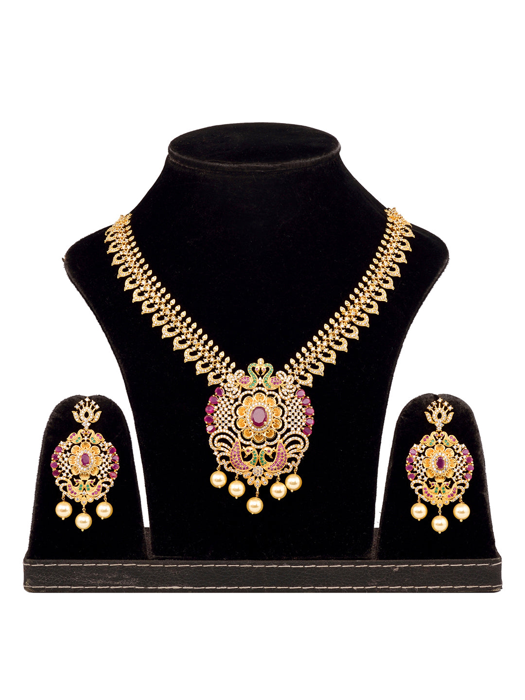 Gold Plated Multi AD & Pearl Studded Hand Crafted Peacock Motif Pendant Necklace Earrings Set