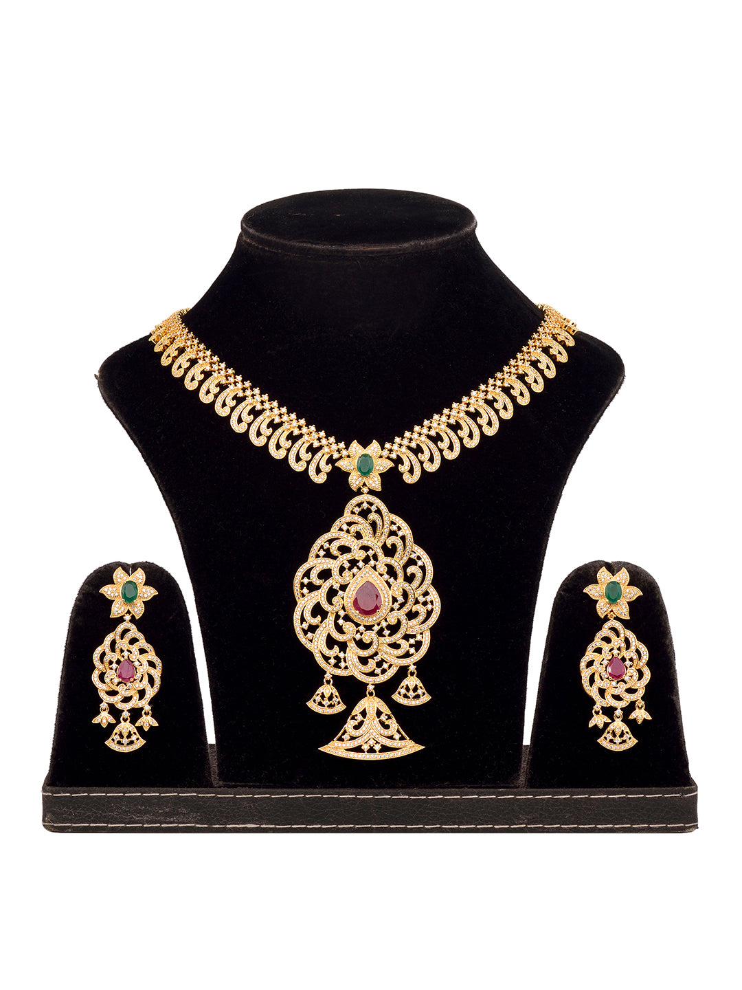 Gold Plated Multi Stone Studded Pendant Style Neclace and Earring Set
