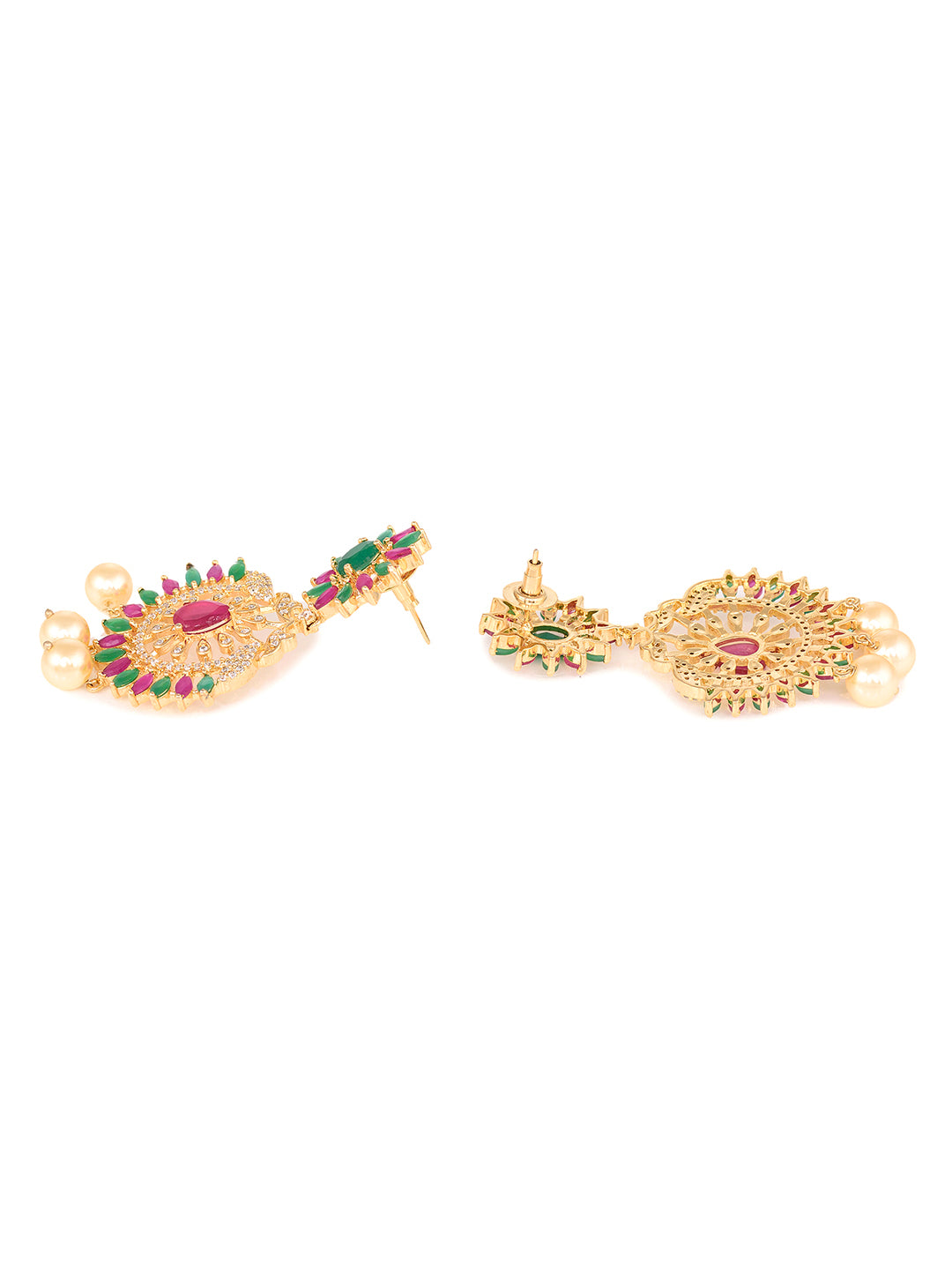 Gold Plated Multi AD & Pearl Studded Chandbali Pendant Neclace Earrings Set