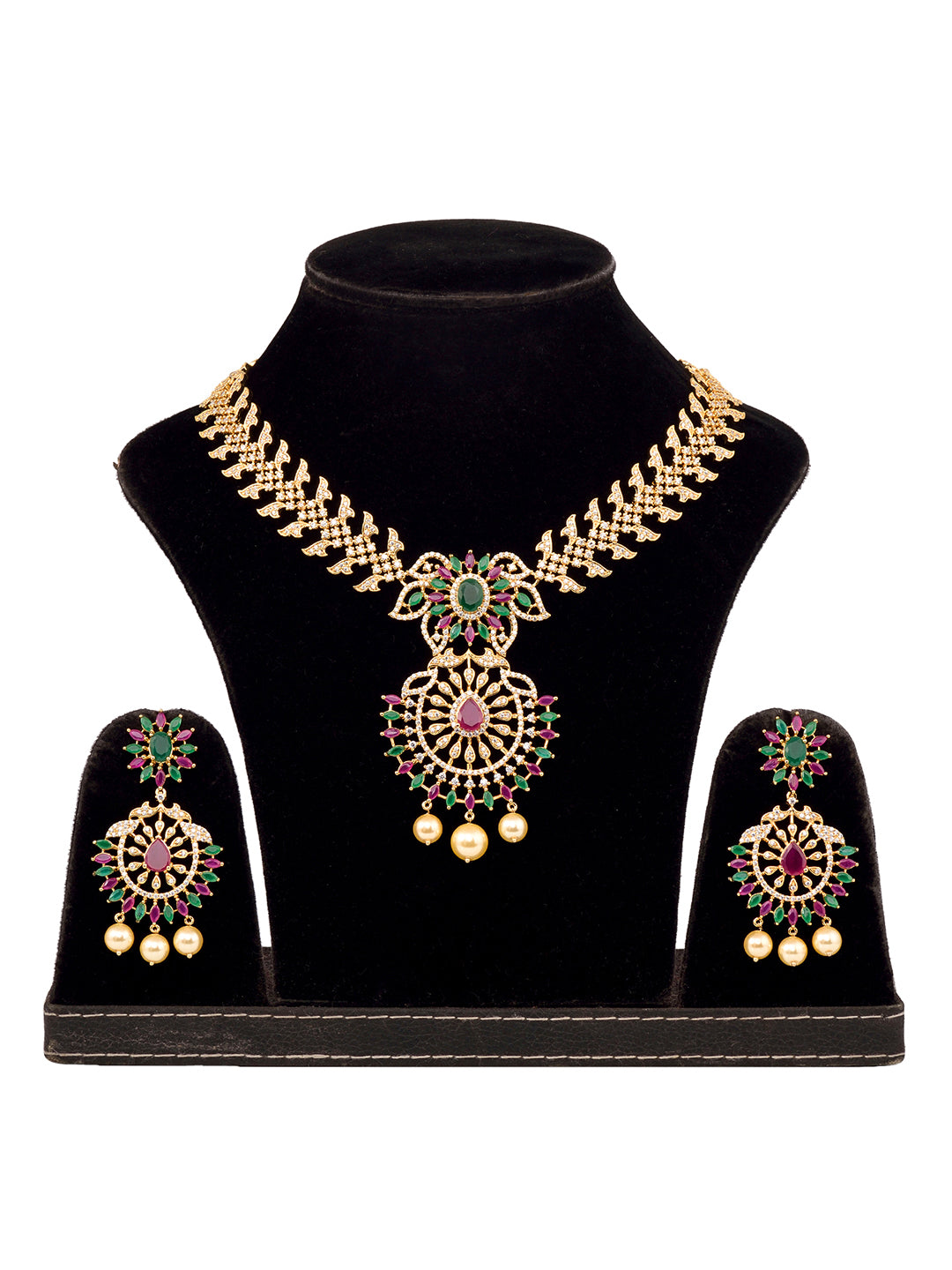 Gold Plated Multi AD & Pearl Studded Chandbali Pendant Neclace Earrings Set