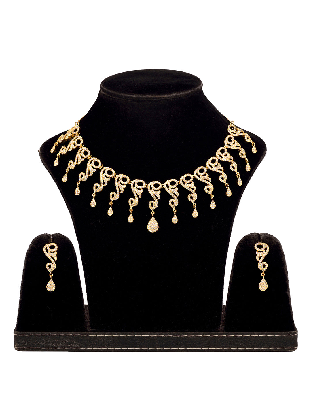Gold Plated white AD Studded Stylish Choker Necklace dropdown Earrings Set