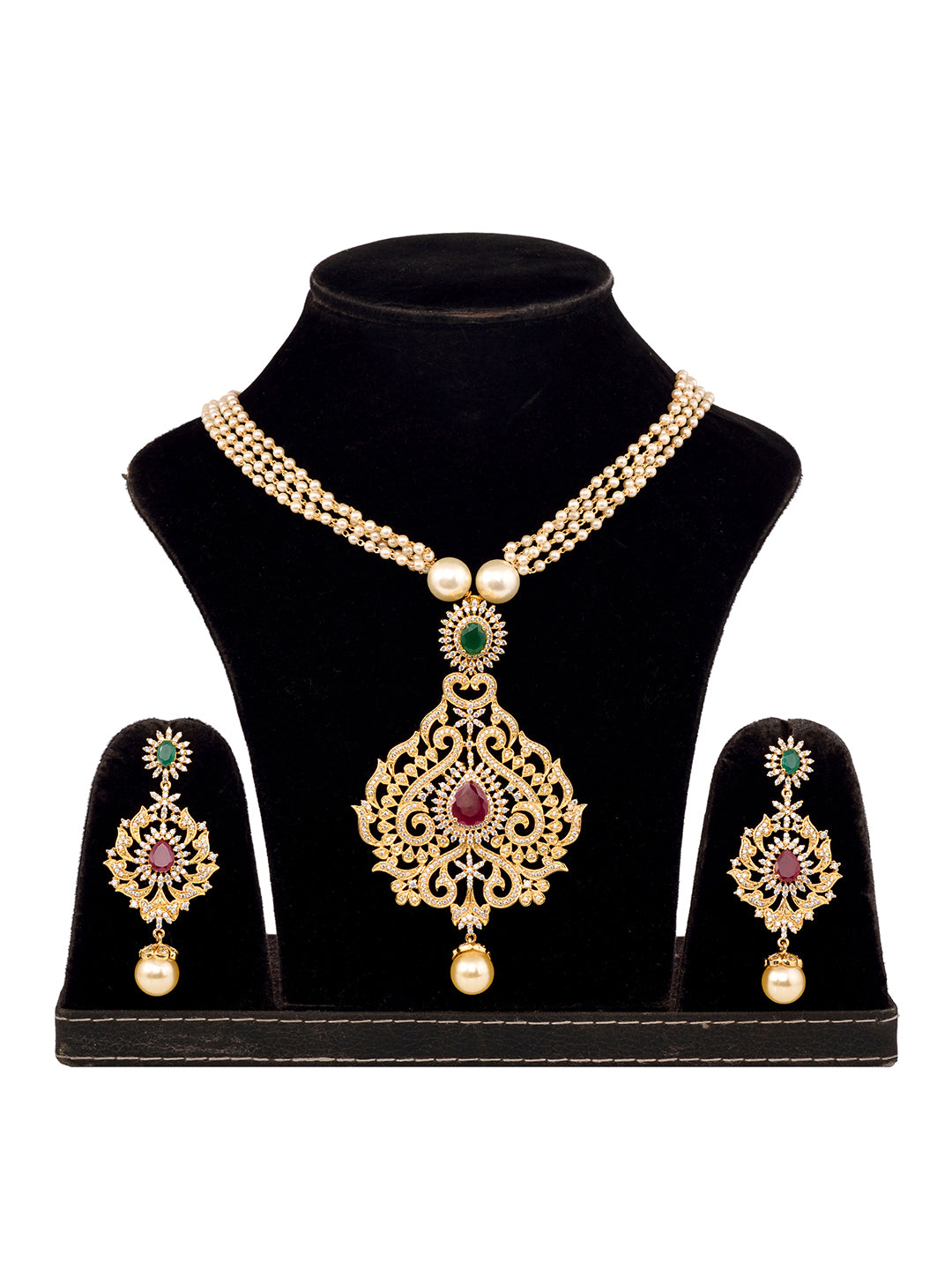 Gold Plated Multi AD & Pearl Studded Hand Crafted Traditional Pendant Necklace Earrings Set