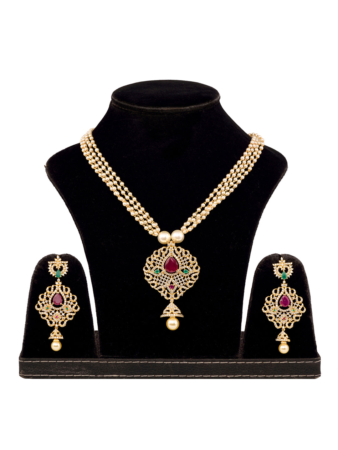 Gold Plated AD and Pearl Studded Traditional Pendant White Pearl Mala and Earrings
