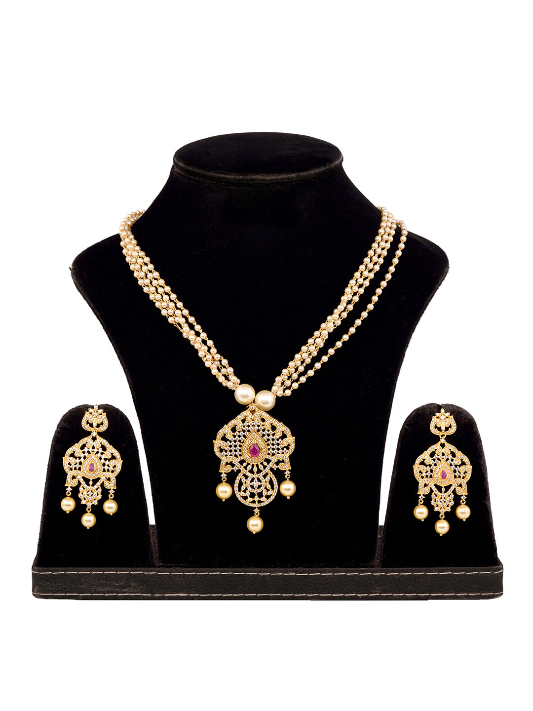 Gold Plated Red AD and Pearl Studded Traditional PendantNecklace White Pearl Mala and Earrings
